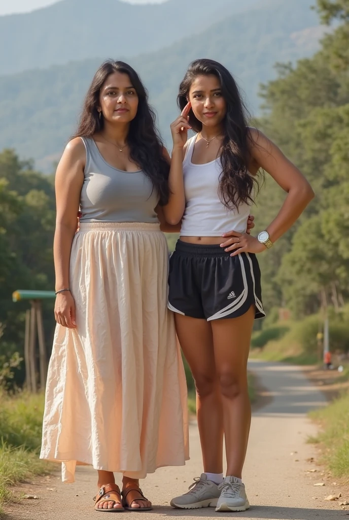 Indian young woman in a camping site, mountain summit, tanktop and jacket, group of people,8k uhd, digital SLR camera, soft light, high quality, film grain,high detail,UHD, masterpiece, accurate, anatomically correct, super detail, high quality, 16k, highres, award winning, ((full body shot)), tight abs, tall, near a lake, navel visible, thighs visible