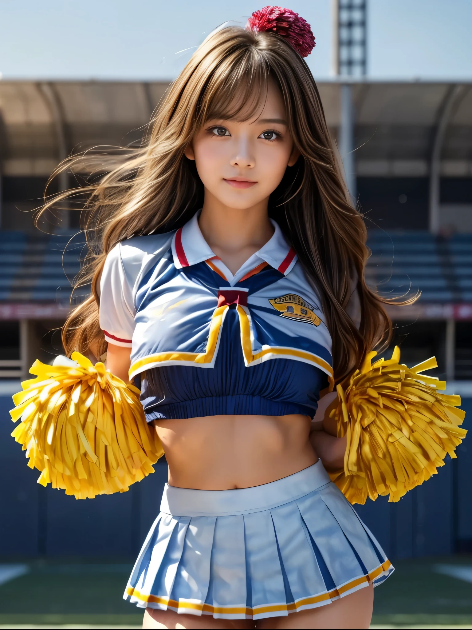 Alafed Asian cheerleader posing dynamically with large pom-poms in both hands in stadium, close-up, cosplay photo, anime cosplay, small breasts, RAW photo, best quality, high resolution, (masterpiece), (photorealistic: 1.4), professional photography, sharp focus, HDR, 8K resolution, intricate detail, depth of field, Highly detailed CG Unity 8k wallpaper, front light, NSFW, women, girl, beautiful supermodel, smiling, slender, marlie rose, sailor suit, sailor moon cosplay