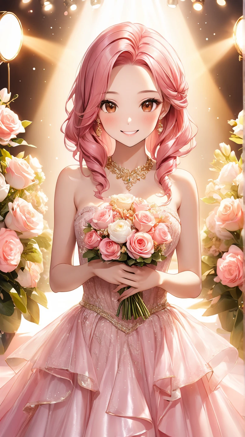 ((muste piece)), ((best quality))、best style、beautiful woman、The most beautiful woman in the world、A dress with flowers, a luxurious dress, dressed Beautiful Gowns, Floral Couture, fantasy dress, magic dress, wearing a wonderful dress, intricate gown, intricate dresses, brilliant pink ball gown, Pretty dresses, Beautiful Gowns, Flower dress, lady with glowing flowers dress, Wearing a pink ballroom gown, romantic dress, wearing a wonderful dress、pink eyes、pink hair、long hair、big breasts、detailed face、best style、smile