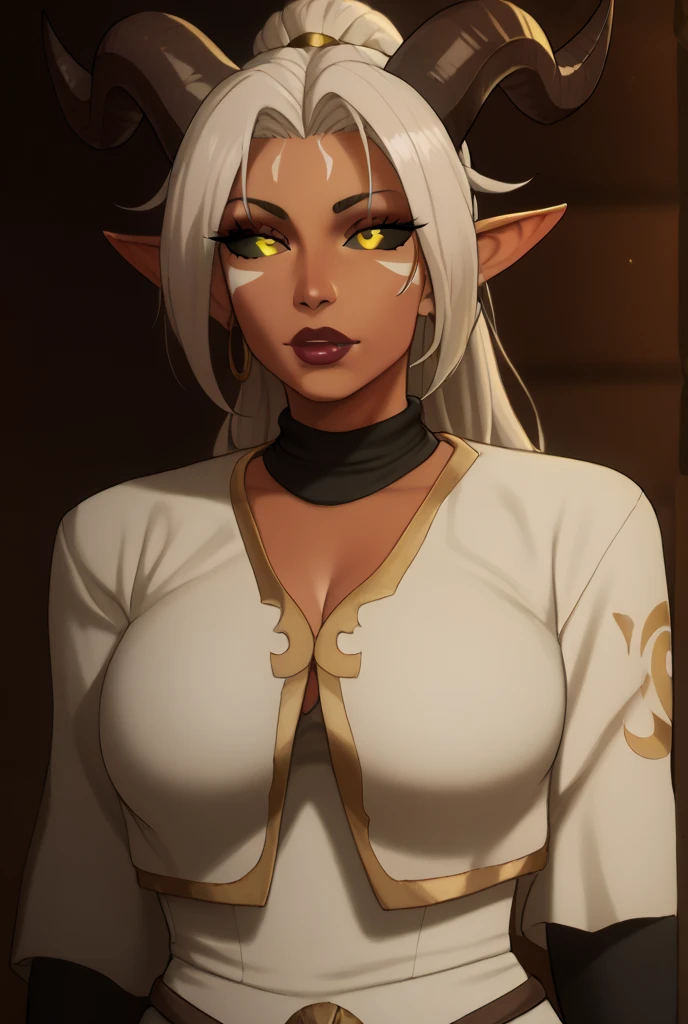((Elf Woman)), ((((Dark Skin)))), (((White Hair))), ((Purple Eyes)), ((bulky body)), (((Big breasts)))