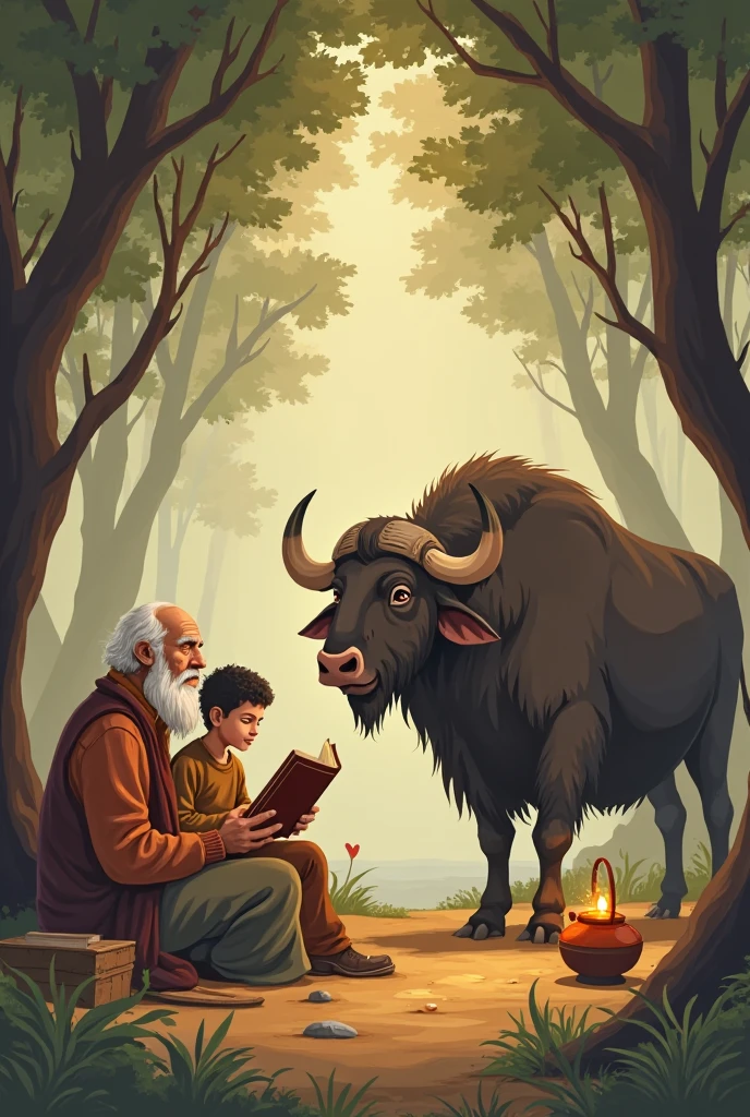 "The oldest buffalo, a large and gentle creature with wise eyes, gently nuzzling the old man on the ground, encouraging him to stand up."
