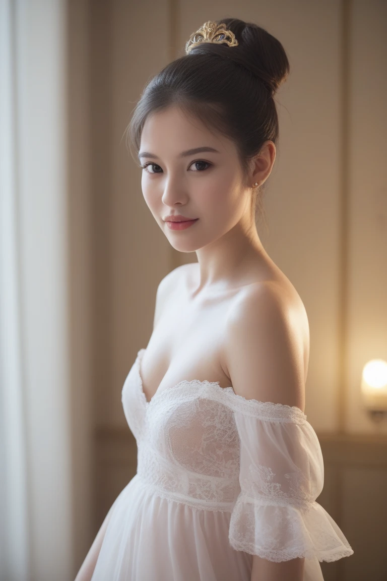 Full length body photo, photo taken can see from head to toe, asian beautiful woman in a white wedding dress, topless and revealing, exposing her (((naked bare large breasts))), veil, beautiful detailed eyes, beautiful detailed lips, extremely detailed face, happy smile, long eyelashes, seductive pose, sensual, erotic, photorealistic, 8k, high quality, dramatic lighting, cinematic, chiaroscuro, warm color tones, (((zoom out))), (((no close up))), facing the camera, body facing camera, wearing diamond necklace and bracelet,