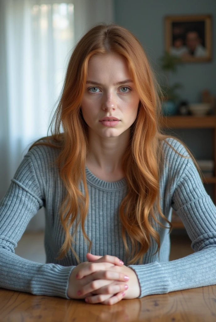 sitting at a table with red hair, Sexy photo of a very young sexy woman, , with disheveled copper-red hair , a bit like Scarlett Johansson, juicy figure, big breasts, wonderful big eyes and full lips, at school , In the classroom context, school outfit, , She is angry, Angry, sits at the table, Busty redhead, Beautiful redhead, She has big tits, deep neckline, almost naked, angry redhead, detailed face, pronounced tits