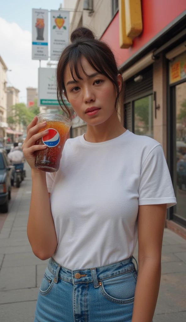 High quality, top-down camera angle, beautiful woman, beautiful face, symmetrical eyes, model-like proportions, white sleeveless minimal tank top, (orange) minimal hot pants, wearing roller skates, evening, outdoor parking lot, backlit, holding a tray with hamburgers on it,