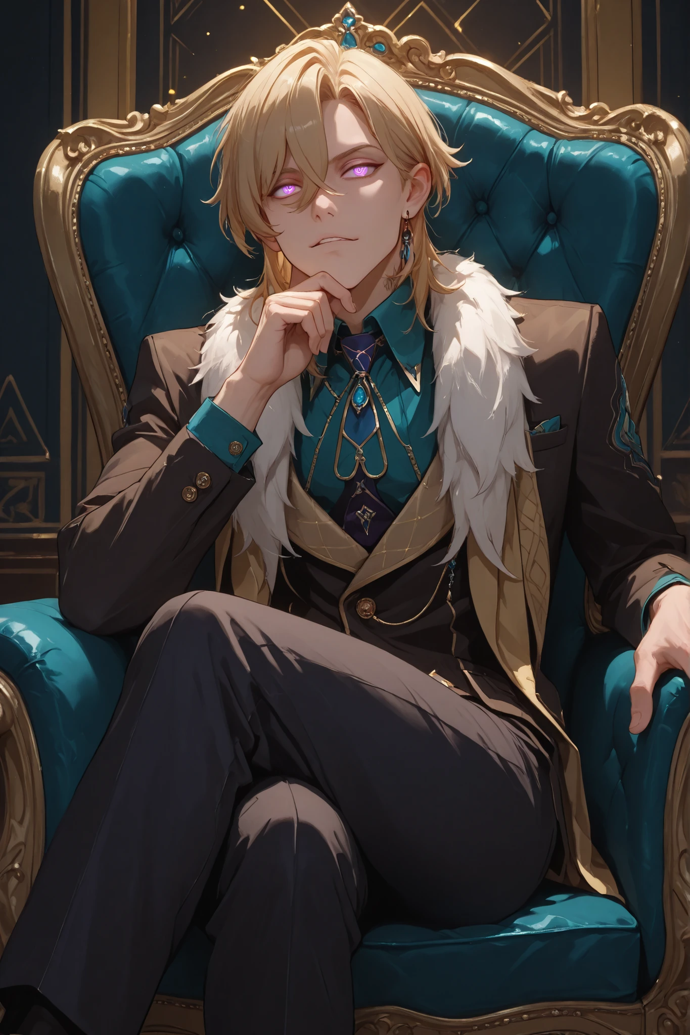 (Masterpiece, absurdres, newest, topquality) ((1boy)), solo, maturemale, malefocus, aventurine
blonde hair, medium hair, two-tone eyes, purple eyes, blue eyes, sitting on a golden chair, dynamic background, one hand on chin, legs crossed, glowing eyes, villain expression