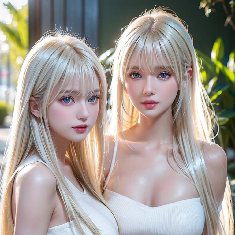 2Women　(((Her hair color is the perfect blonde.:1.8!!)))　(((Her hair color is the perfect blonde.:1.8!!)))　(((Her hair color is the perfect blonde.:1.8!!)))　(((Her hair color is the perfect blonde.:1.8!!)))　(((Her hair color is the perfect blonde.:1.8!!)))　(((Her hair color is the perfect blonde.:1.8!!)))　(((Her hair color is the perfect blonde.:1.8!!)))　1 female　(Photographed from the chest up)　(She turns to the viewer、She has a very sexy face!!!!!)　(((Her hair color is the perfect blonde.:1.8!!)))　((Her hair is very straight!!!))　(Her bangs are neatly trimmed そして straight down.:1.4)　((Large Breasts:1.6))　((Highest quality))　((masterpiece))　(family friendly)　(Get used to it)　(White wall background!!!!!)　(She is France&#39;s most sensual 24-year-old face cosmetics model..)　(((Her hair is cut in a very straight bob that reaches almost to her shoulders....!!!.)))　(Highest quality&Highly detailed black hair　her hair is beautiful, There is a volume and、、、、、Very shiny.、Very beautiful silky hair　Beautiful silky hair　Shiny Hair　Her hair is very straight)　(Get a sensual make-up treatment from a professional make-up artist....　Exquisite texture:1.4　Bright red lipstick!!!　Beautiful black eyeliner)　Perfect Woman&#39;face　(Her face is dignified そして sexy)　((Her eyebrows are very thin:1.8))　Perfect Woman&#39;face　(Her face shape is thinner than average:1.8)　(Her eyes are larger than average:1.8　Her nose is higher than average:1.8)　(Her body is more attractive than the average French woman..:1.5　Her skin is a typical Caucasian complexion..　Her skin is very high quality and ultra high definition.、very beautiful そして glowing skin)　(Her face is dignified and sexy)　((Rich 1.4))　(Extremely detailed 8K)　(Ultra-fine skin texture 1.4)　(current, Vibrant:1.4), 　Sharp focus:1.2、Beautiful woman:1.4　Dynamic Lighting　(Genuine RAW photos taken by professional photographers)　(Surreal photos by professional photographers :1.2)　(((Her hair color is the perfect blonde.:1.8!!)))　(((Her hair color is the perfect blonde.:1.8!!)))　(((Her hair color is the perfec