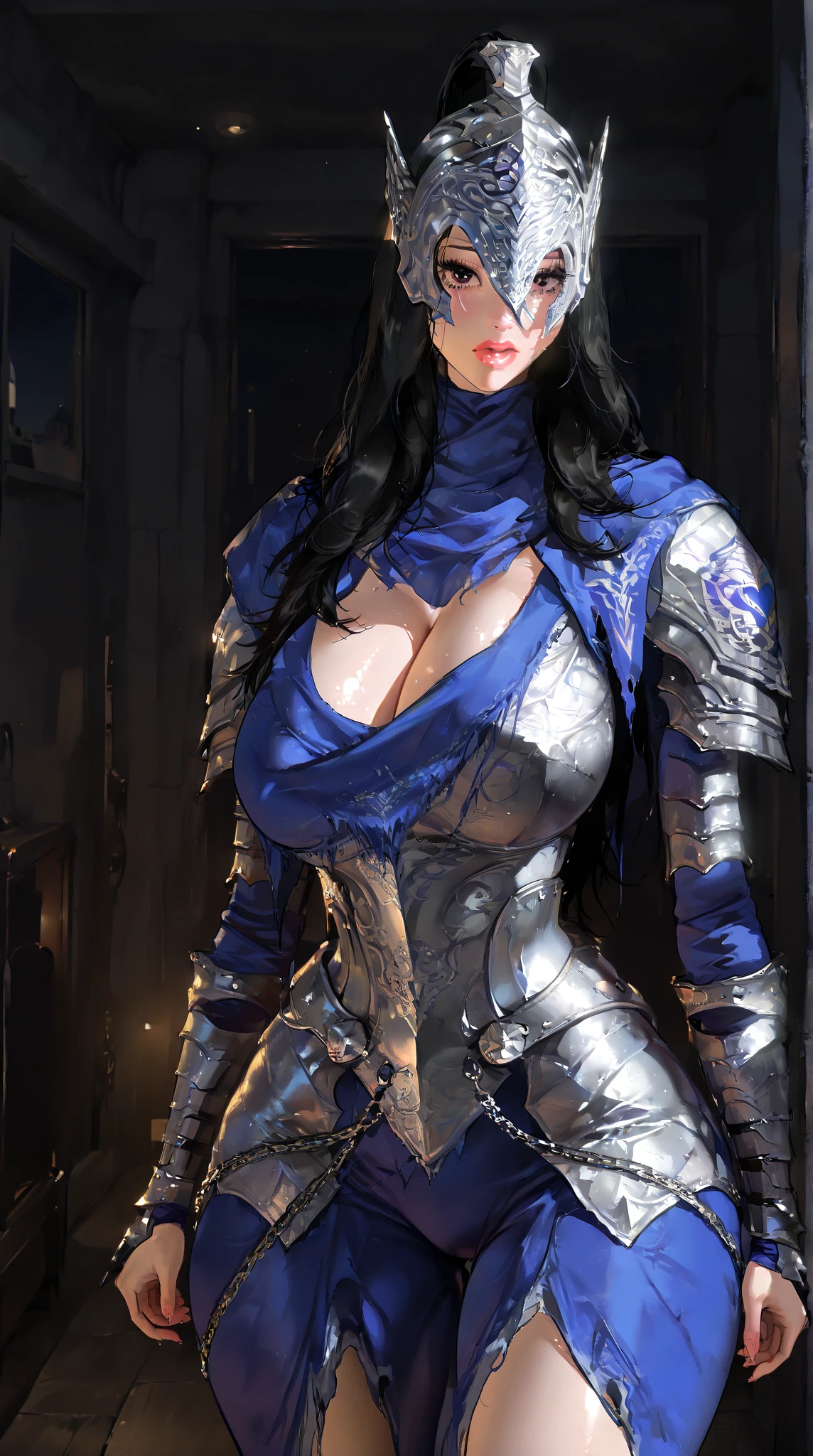 (1MILFWoman)(chest covered)(smile) grayscale skin, pale golden hair and violet eyes. She prefer clothing of white and silver with cloaks of deep blue, blue or purple background (Masterpiece, highres, 4k, very precise detailed)