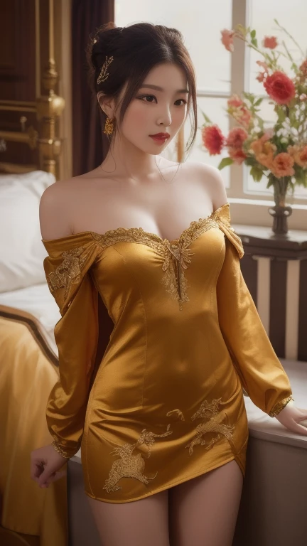White short haired woman, with yellow eyes, mostrando os peitos, legs open showing pussy, with an angry face and a provocative look. Wearing gold and black traditional Chinese imperial clothing, with red Hanafuda earrings, with a short red skirt. On your knees in a hotel room bed, with a sunset in the window in the background.