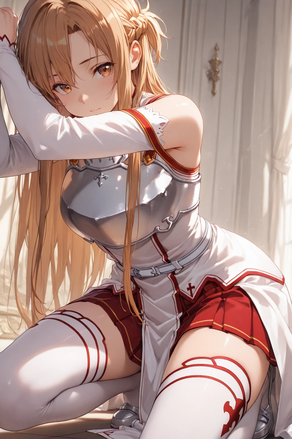 score_9, score_8_superior, score_7_superior, masterpiece, best quality, absurdres, high_fidelity, vibrant, sauce_anime, (rating_explicit:1.4), yuuki asuna, brown eyes, brown hair, long hair, bangs, braid, yuukiasunasaooutfit, white armor, white breastplate, red pleated skirt, white detached sleeves, bare shoulders, white thighhighs, white panties, nipples, underboob, creampie, Straight, Viewer Perspective, Sex, Lying down, knees up, Adorable, pretty embarrassing, cowboy shot