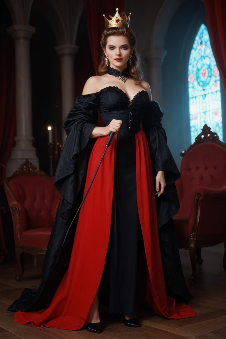 dim light, old church, mature female vampire, red lips, expose vampire tusk, glowing blue pupils, slim, tall, long blonde curly hair, long black cape, red leotardy long lace-skirt with diamond, gold bracelet, 8k, Unreal engine, highly detailed, octane render