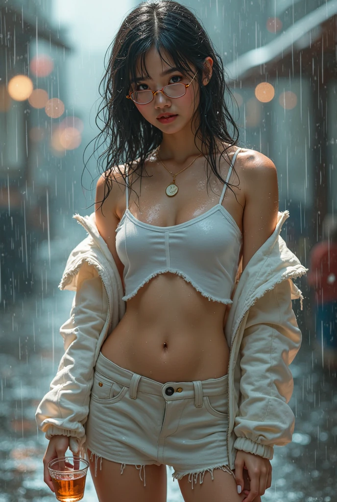 Hot Sexy girl wear Raincoat Transparent Bikini With Raining Background, Full Body