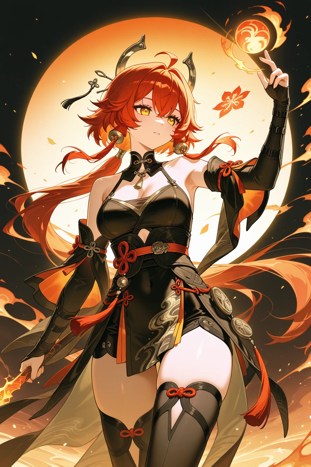 Beautiful woman with orange and brown ponytail、Eyes are yellow、one person、bullish look、laughing、The wind is blowing、Oiran、A kimono with a yellow butterfly pattern on a black background、choker、Sheryl Nome、Warm background、I won't touch it、bold pose、Exposure is modest