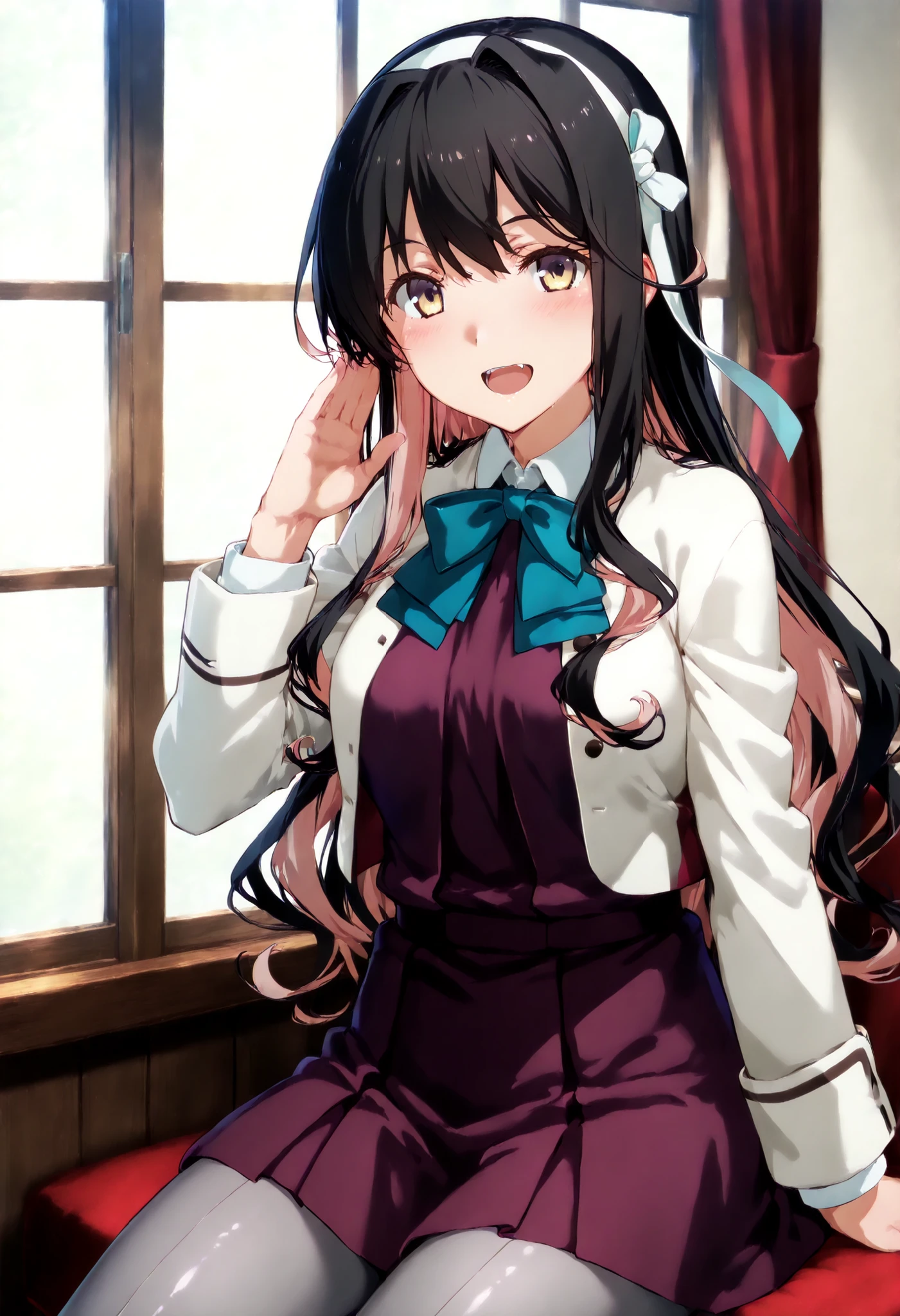 Naganami long wave / (Kancolle)
one girl, alone, smile, open your mouth,
hmngnm, naganami \(kancolle\), multicolored hair, white hairband, white jacket, purple dress, school uniform, grey pantyhose, aqua bowtie, long sleeves,