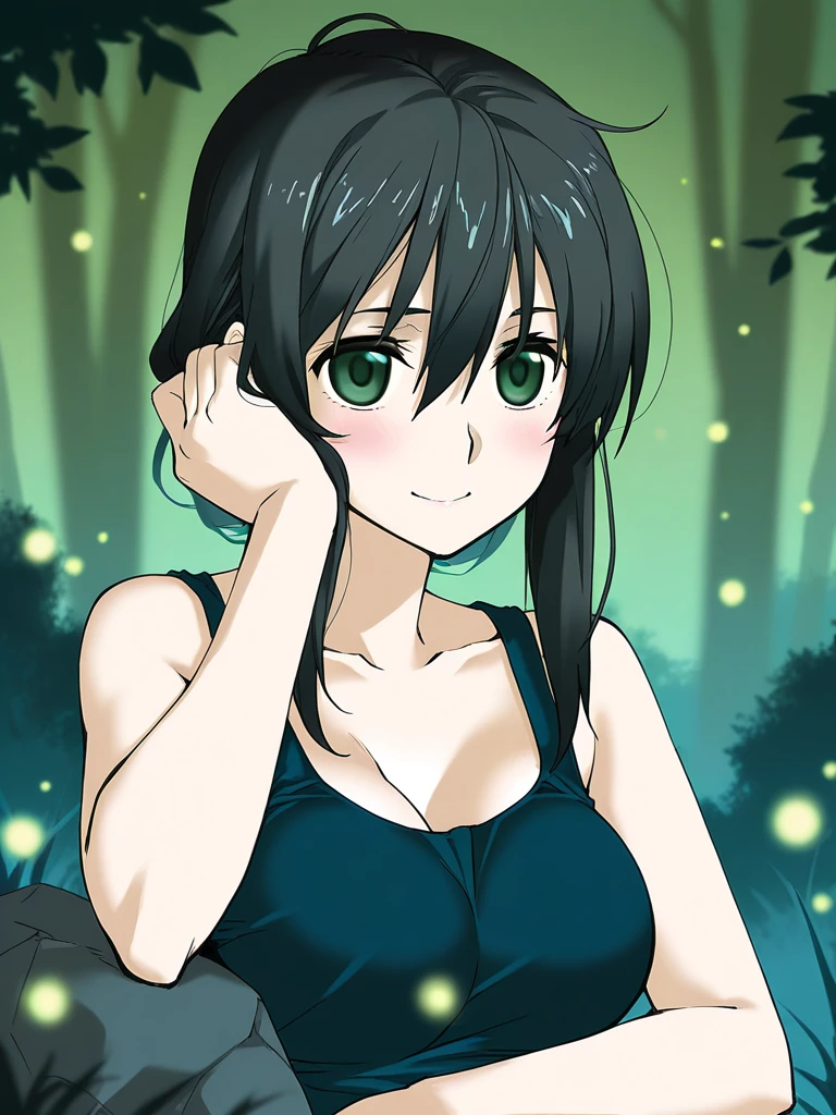 (highest quality, 8k, High resolution, masterpiece:1.2), Anime art style, Hyper Detail, himeragi yukina, Brown eye, Black Hair, Hair between the eyes, Medium Hair, 1 girl, Perfect Face, eye_Light_big,Small medium breast, Soft impression, alone, (Green Fairy Dress,Decoration, jewelry, Smile, Forest), Cowboy Shot, looking at viewer,