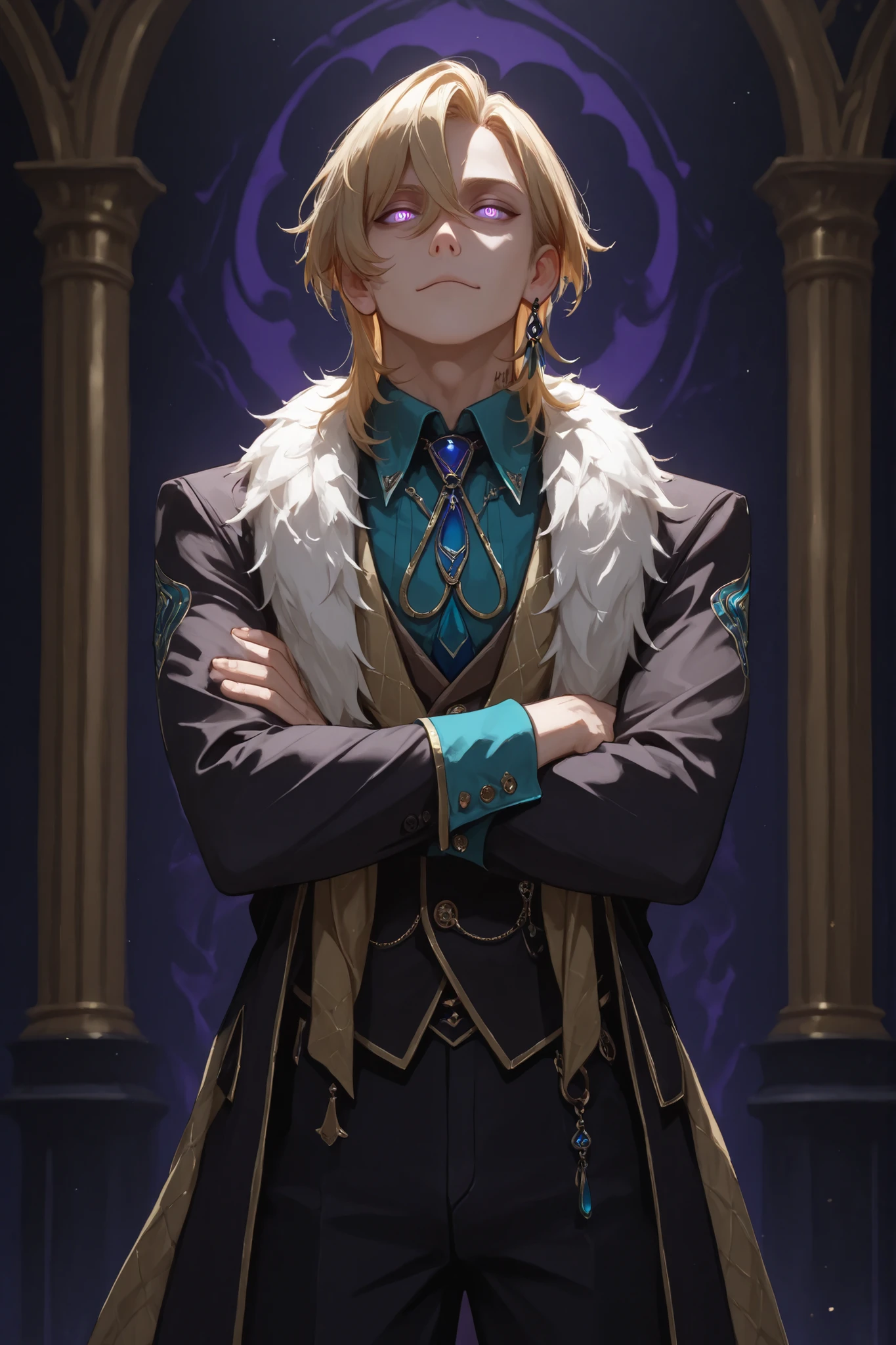 (Masterpiece, absurdres, newest, topquality) ((1boy)), solo, maturemale, malefocus, aventurine
blonde hair, medium hair, two-tone eyes, purple eyes, blue eyes, standing, arms crossed, dynamic background, glowing eyes, villain expression