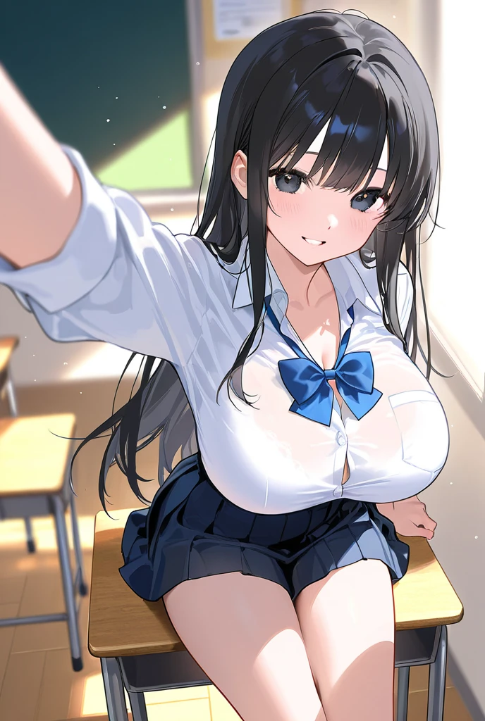 (grabbing ther's breisembodied limb, (grabbing from behind:1.1)), One girl, highest quality, Super detailed, masterpiece, Ultra-high resolution, 8k, Ridiculous, Cowboy Shooting, Focus on the girl, Embarrassing, blush, Lovely, Close one eye, With tears in her eyes and her mouth open, What saliva leaves behind, (Sticky panties), of the vibrator cord, Vibrator with Garters, cleavage, Classroround, The skirt is accidentally exposed,medium breasts, Accidentally expnties