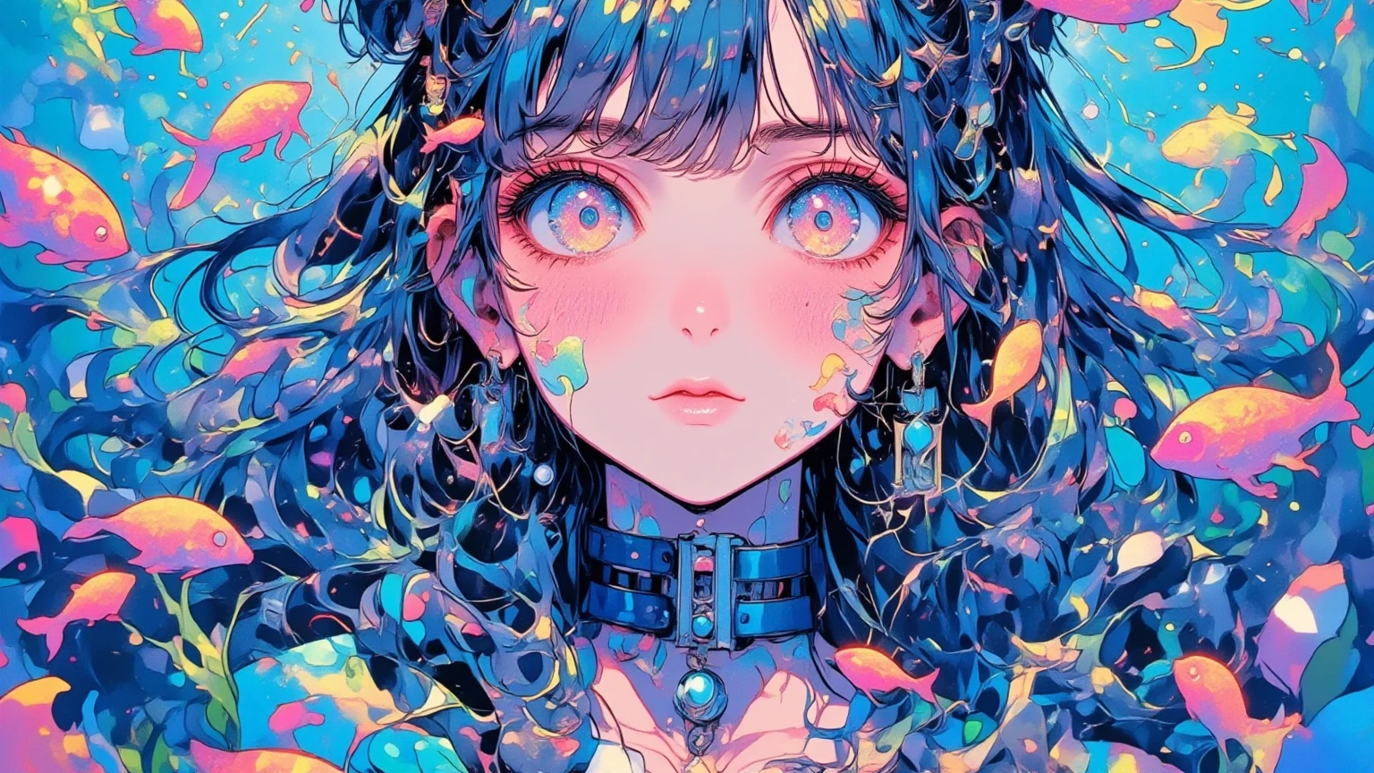 quality,Highest Resolution,sexy,Swimwear,Vibrant colors,Very beautiful eyes,Big Breasts,Black Hair,Silver Hair,In the water,no gravity