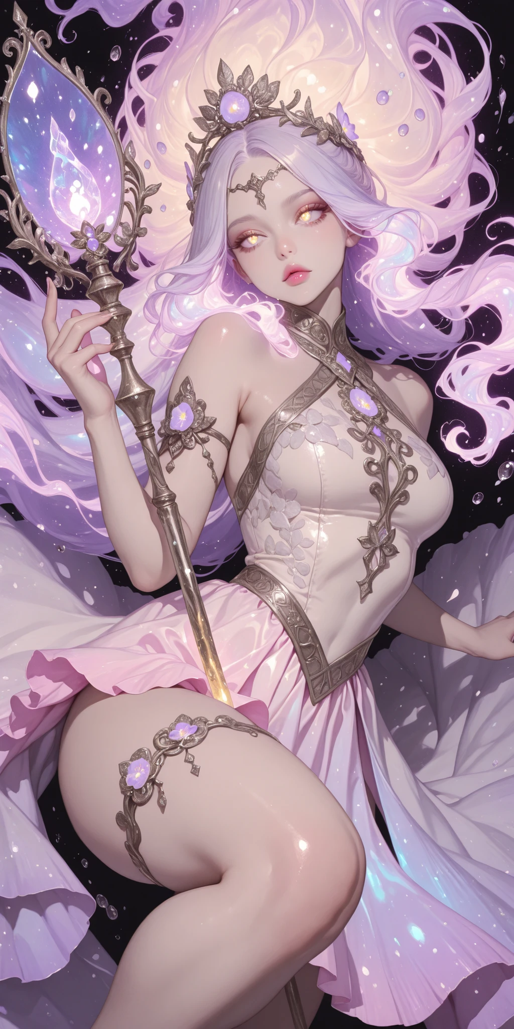 top-quality、infp young woman、Light Lilac Full Body Rubber Suit、Floral hair ornament、Mellow eyes、Floating hair、Anime Art Style、Looking at the viewer、huge smile、Full body、Battle Pose、Battlefield Background、Colorful gradient hair color、Colossal tits、With saber、