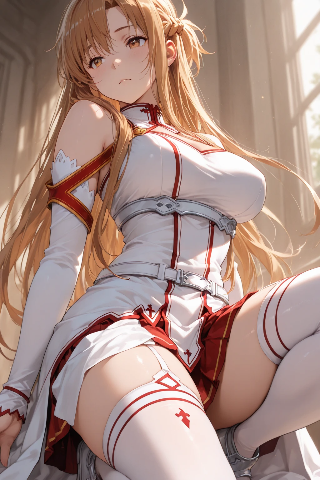 4K,High resolution,((masterpiece)), Highest quality, Very detailed,(One Girl),Yuki Asuna、Asuna (Stay), Brown eyes, Bare shoulders, , Long gloves, White gloves, (赤と白のdress), Long Hair, Beautiful background ,clothing, chest, Full body satin long gloves,,in the forest Knee-high socks、Long white elbow gloves, dress、Sexy、Brown Skin Camel Toe:1.4、(Sweat)、(vapor)、(((Long gloves:1.3)))、、Knee-high socks、Open your thighs wide to the left and right、crouch on the ground、Show the audience your crotch