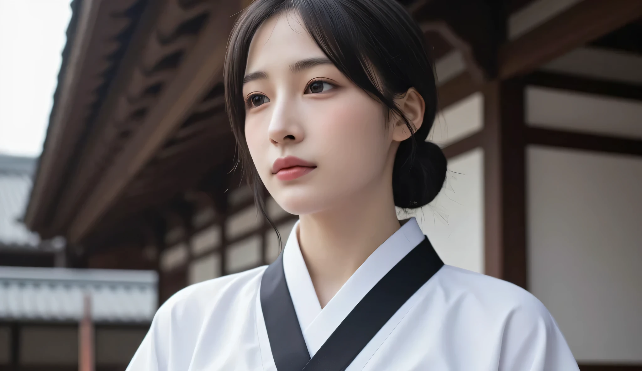 a beautiful Korean woman in her early 30s during the 1950s, long black hair tied back in a low bun, no bangs, forehead exposed, wearing a white hanbok jeogori and black chima, no makeup, gentle and calm expression, cinematic soft lighting, standing in a 1950s rural Korean village, close-up portrait