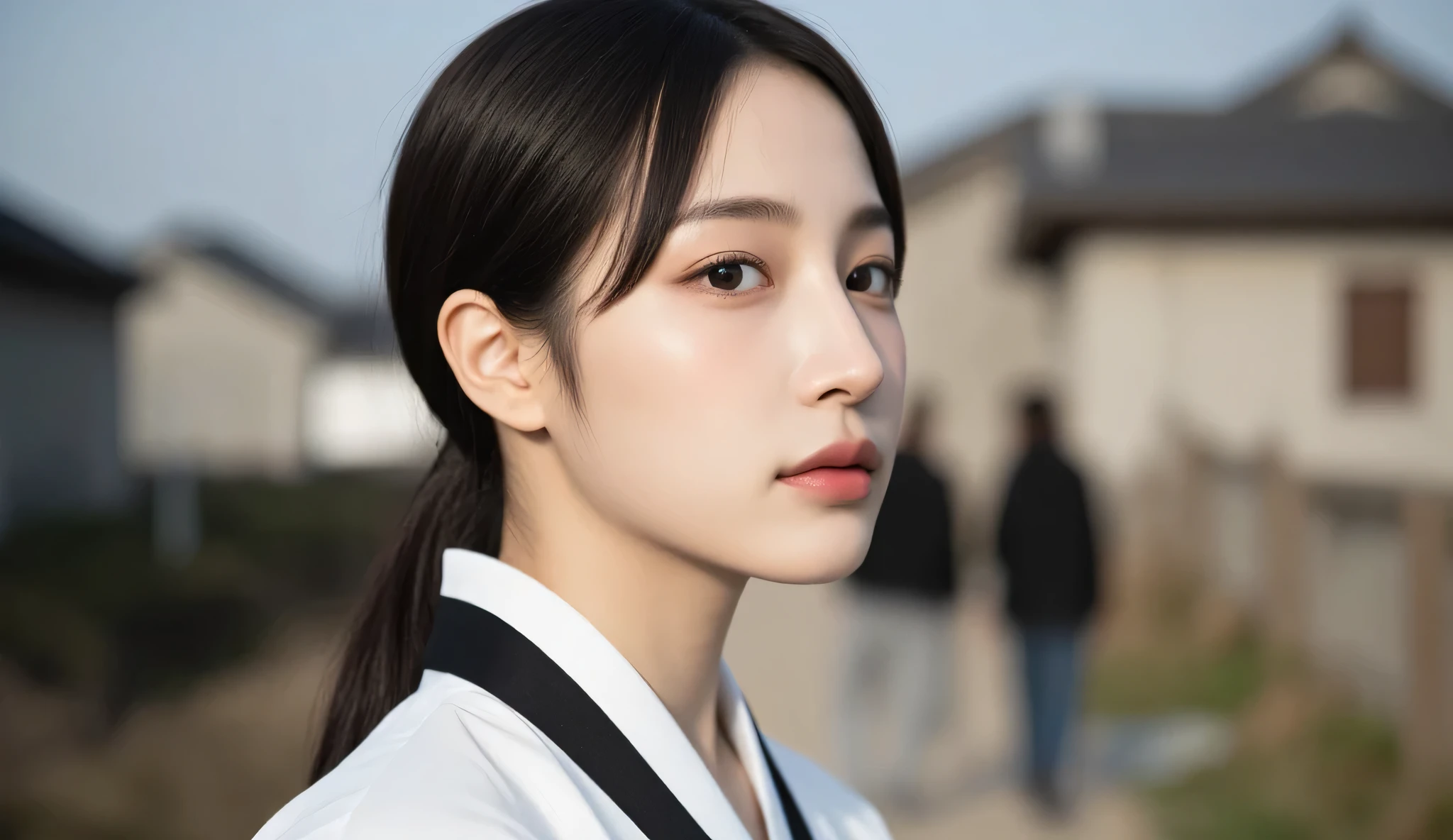 a beautiful Korean woman in her early 30s during the 1950s, long black hair tied back in a low bun, no bangs, forehead exposed, wearing a white hanbok jeogori and black chima, no makeup, gentle and calm expression, cinematic soft lighting, standing in a 1950s rural Korean village, close-up portrait
