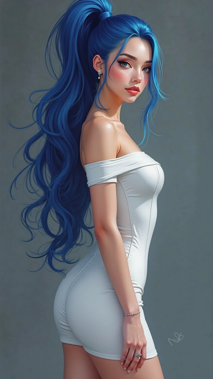 Girl with bare breasts powder blue gradient long hair quadratic