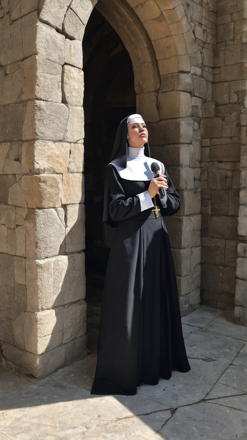masterpiece, FULL HD, 8K, chica sexy de 12 años, in opened cassock, squatting, riding dildo, in public concert, spreading legs, showing pussy, view on pussy, fullbody, pussy fill of semen