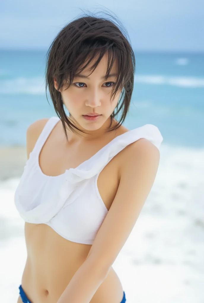Highest quality、超A high resolution、(Photorealistic:1.5)、1 girl、Wet white t-shirt、T-shirt shows through and underwear is visible、Shortcuts、Bob、(Brown Hair:1.2)、(Big Breasts:1.2)、Whole Body Ezbian、Bad Eyes、Smile、With the beautiful sea in the background、Wet Skin、Wet Hair、Lying on the sand on the beach, (Fascinating), ((exciting: 1.5)), Spread your legs in an M shape,