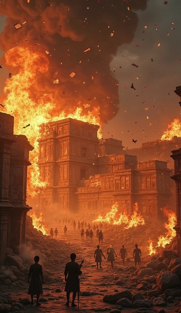 Flames burn in front of a building with a bell tower, an ancient city on fire, The city of Whiterun burns, destroyed city on fire, anor londo, Hellfire background, holy fire spell art, burning building, wrath flame and ruin, art style of marc simonetti, burning scene in the background, A world of fire and blood, burning city background