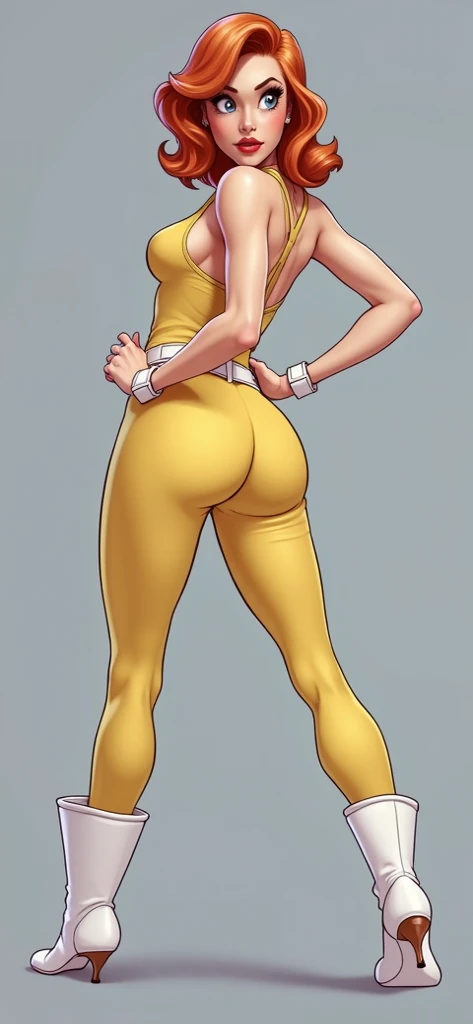 (((Plain background:1.2))) (masterpiece, high quality:1.1) 1girl solo full body height standing straight symmetrical looking to the viewer, view from below, hairstyle short bob hair cut with a braid, extra long hair, white silver hair, red eyes, HANDS ON HIPS (yellow tiger bikini print long sleeves and long stockings) (Pirotess (Record of Lodoss War) LORA) (dark elf dark skin) (incredibly beautiful full body photo, standing, (((bright eyes))), good anatomy, perfect hand muscular legs))), thin waist, muscular abdomen, wearing black high heel shoes, (((with her back to me showing her big shapely ass to me)))