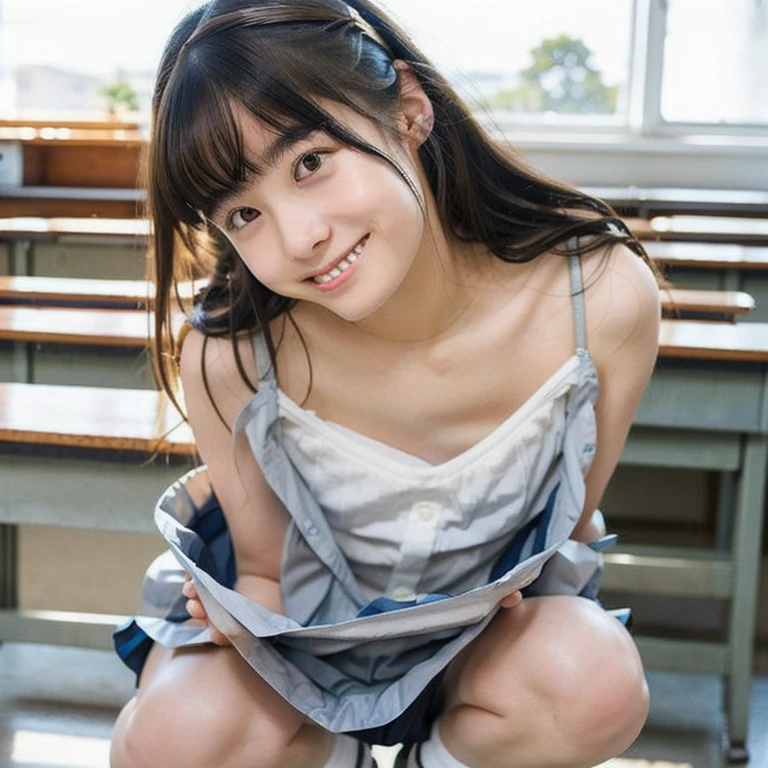 (((Japanese female elementary school student)))( old girl) ((((10 yearrlが一人、solo)))) whole body写真 Full Shot Short Hair A low ponytail whole body Thighs Innocent A gentle gaze Short sleeve Summer clothes A bright and sparkling smile Panties cute (Laugh and narrow your eyes) locker room Lots of lockers There's a lot of women's underwear in the locker. Shot from between the legs Spread your legs Spread your legs Shorts visible through the gap 隙間から見えるPanties 脱ぎ捨てられた衣服が散乱している 脱ぎ捨てられたPanties、Bras scattered all over the place