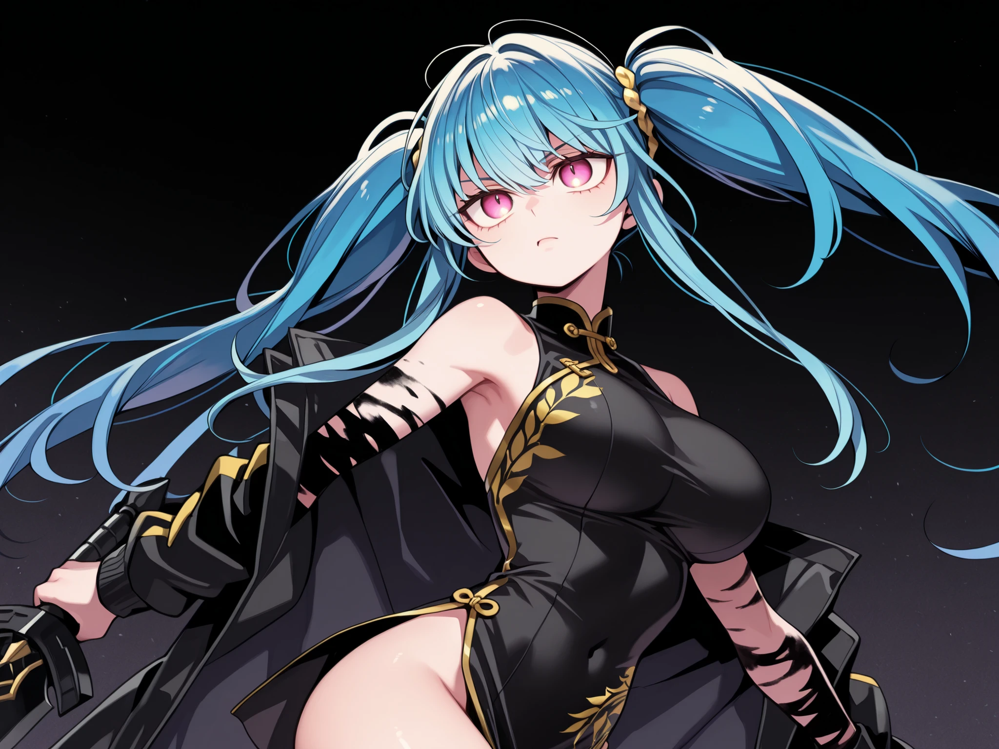 Solo, 1 girl, young character, age character, character;
cyan blue hair, the character's hairstyle must be the same as Lily from "Lilith's Cord" (long pigtails hairstyle), long bangs, pigtails hairstyle;
The character's face must be the same as Lily from "Lilith's Cord", eyes as Lily from "Lilith's Cord", cute expression, young, sensual, perfect and beautiful face, long pigtails hairstyle, big breasts and ass;
Perfect anatomy, big breasts and ass, Black coat like Reed, the Flame Shadow in "Arknights", sensual black Chinese dress (Chinese dress with gold details), exposed arms, in a sensual pose, perky butt, short body height;
Holding a black greatsword with gold details, gold ornaments, divine and beautiful greatsword, cyan blue blade;
Black background, striking pose, looking at the observer;
Flashy pose, shoulders and head exposed, close to the face, looking at the character, looking at the observer, face to face, serious expression, confident, small and short body, young character;