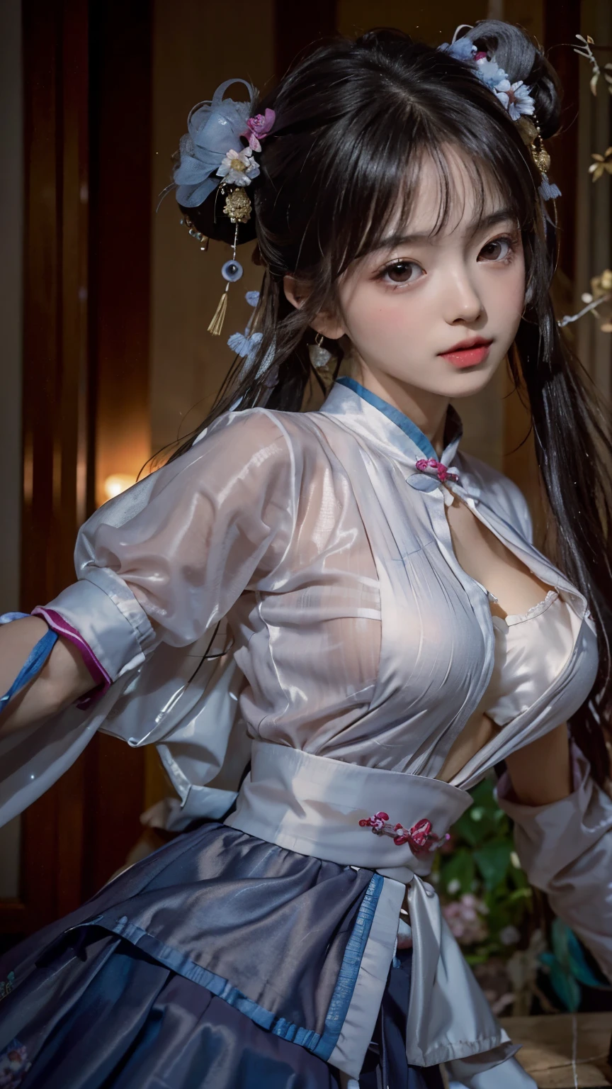 Big-breasted beauty in Hanfu,Has huge sagging breasts,Very sexy,see-through transparent clothes