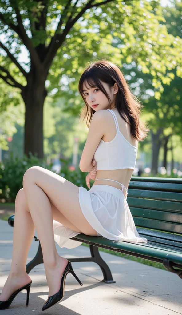 realistically, 1 girl, red hair, purple eyes, glowing eyes, white short skirt, red lips, Blush, daytime, flower, sun, sunlight, sleeveless shirt, Primary , Wet from the rain, Seethrough, Sit on your knees., open skirt, windy, armpit