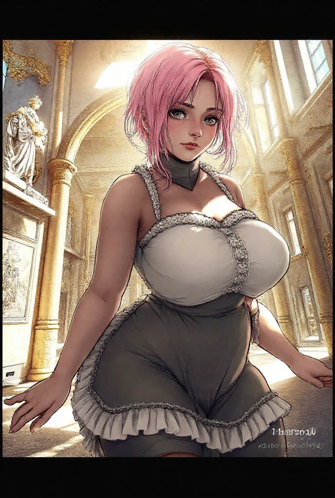 8k, masterpiece, best quality, realistic, higly detailed, cowboy shot, 1girl, solo, Ichika Nakano, young girl, very short hair with a single long strand on the right side, white-pink hair, a single earring, dark blue eyes, average height, well-endowed figure, large breasts, cute, Reticencer