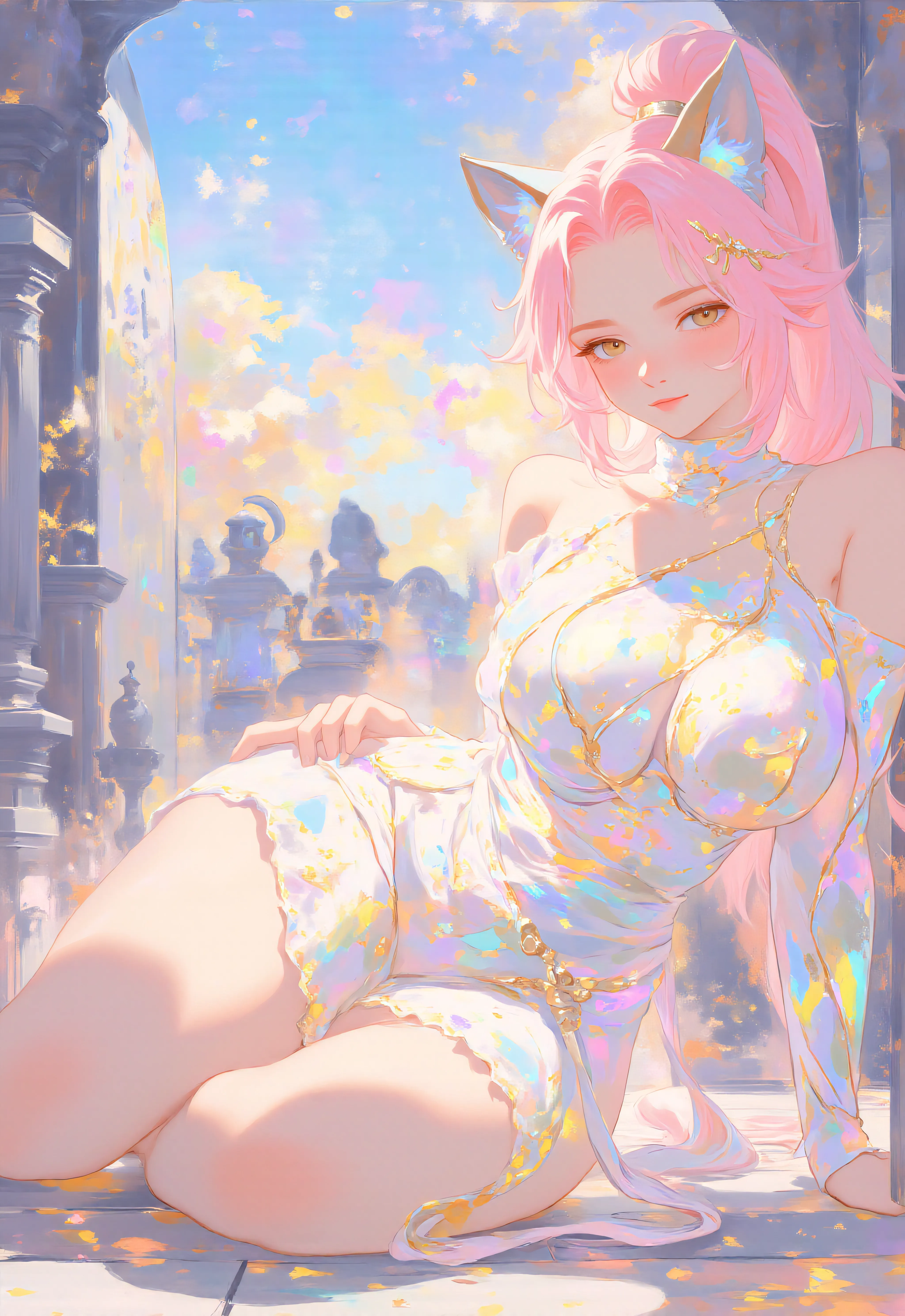 (top-quality,High resolution,(Ultra high definition,4K), (超A high resolution,in 8K),masutepiece:1.2), (Perfect Anatomy,Anatomically accurate), (Angle from below), (Soft lighting, rendered), ((very beautiful goddess mother and daughter)), ((detailed goddess)), (((evening gown))), ((Beautiful view from the lounge of a luxury hotel)), (Goddess mother and daughter arm in arm), (from the rear, Look back:1.2), (fascinated expression), (extremely detailed and beautiful face), (Crisp double eyelids), (Large breasts:1.3), (Soft skin), (Photorealistic), (shinny skin), (pinkhair), (Pixie Cut)