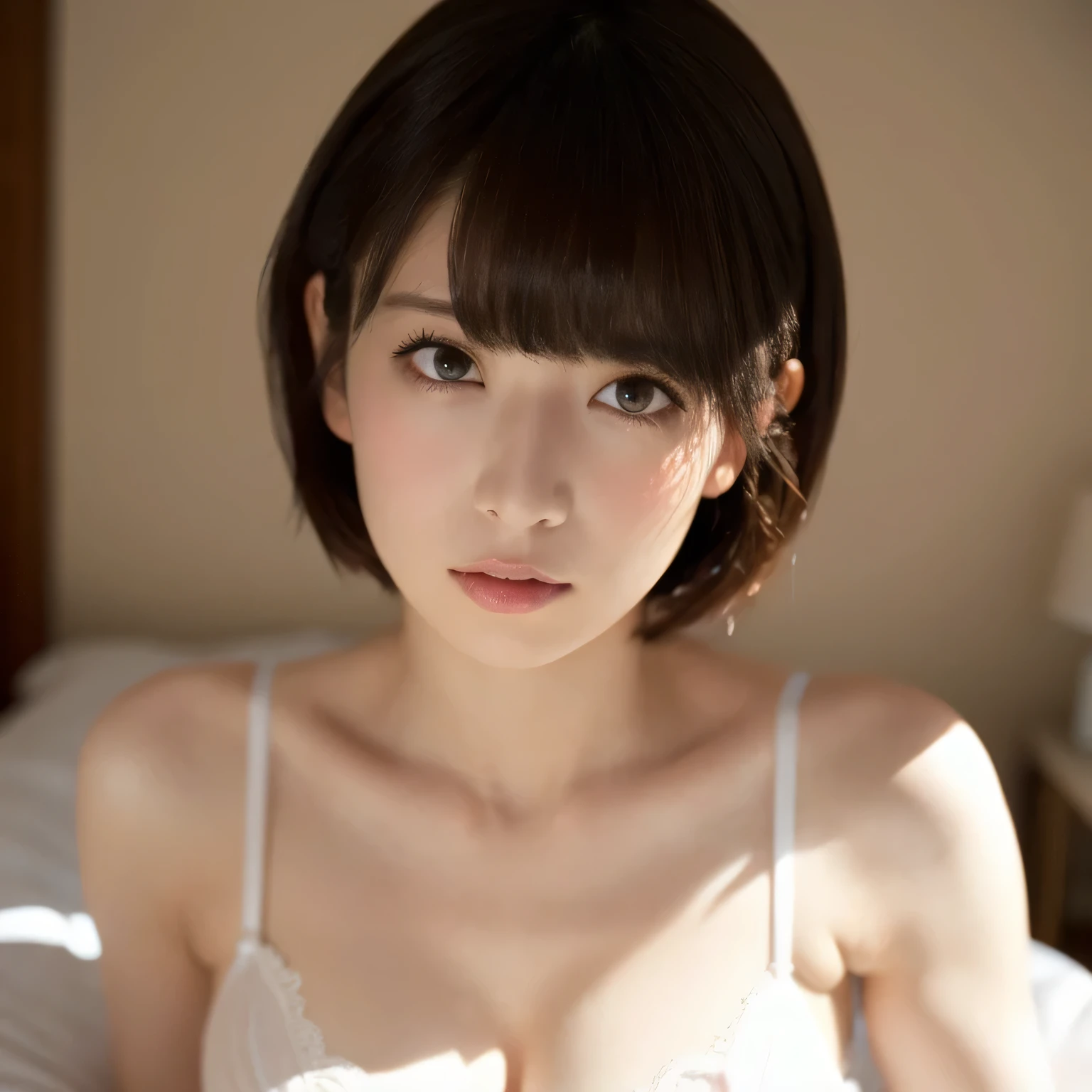 (Best Quality,High resolution,masutepiece:1.2),japanaese girl,1 girl,Charming shy face,Short-cut hair (Tied up brown hair), girl,(symmetric clear eyes:1.3),Twinkling gaze,Looking at the viewer,Full body shot,Spread legs,bedroom,Big breasts too,Chest exposed,exposed lower body,bare thigh,Thin pubic hair,Erect ,spread with fingers,Depiction of the climax,Slightly open mouth,all-fours(Turn your butt to the viewer)