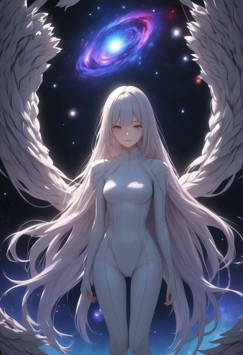 skinny, naked, high. Floating in the vastness of space in the galaxy. full-length naked. silver hair