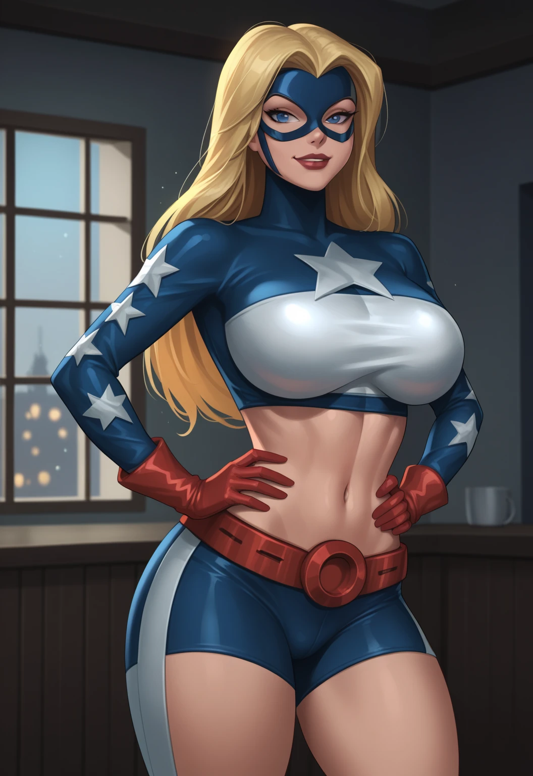 score_9, score_8_up, score_7_up, score_6_up,score_5_up,score_4_up, BREAK domino mask, american flag print, striped bodysuit, red cape,starandstripe, toned, antenna hair, long hair, grin, (nude:1.2), (nsfw:1.2), pubic hair, spread legs, legs up, hold own thighs, lying, in room, on bed, huge breasts, huge nipples, dildo to pussy, (pussy juice:1.2),cum,