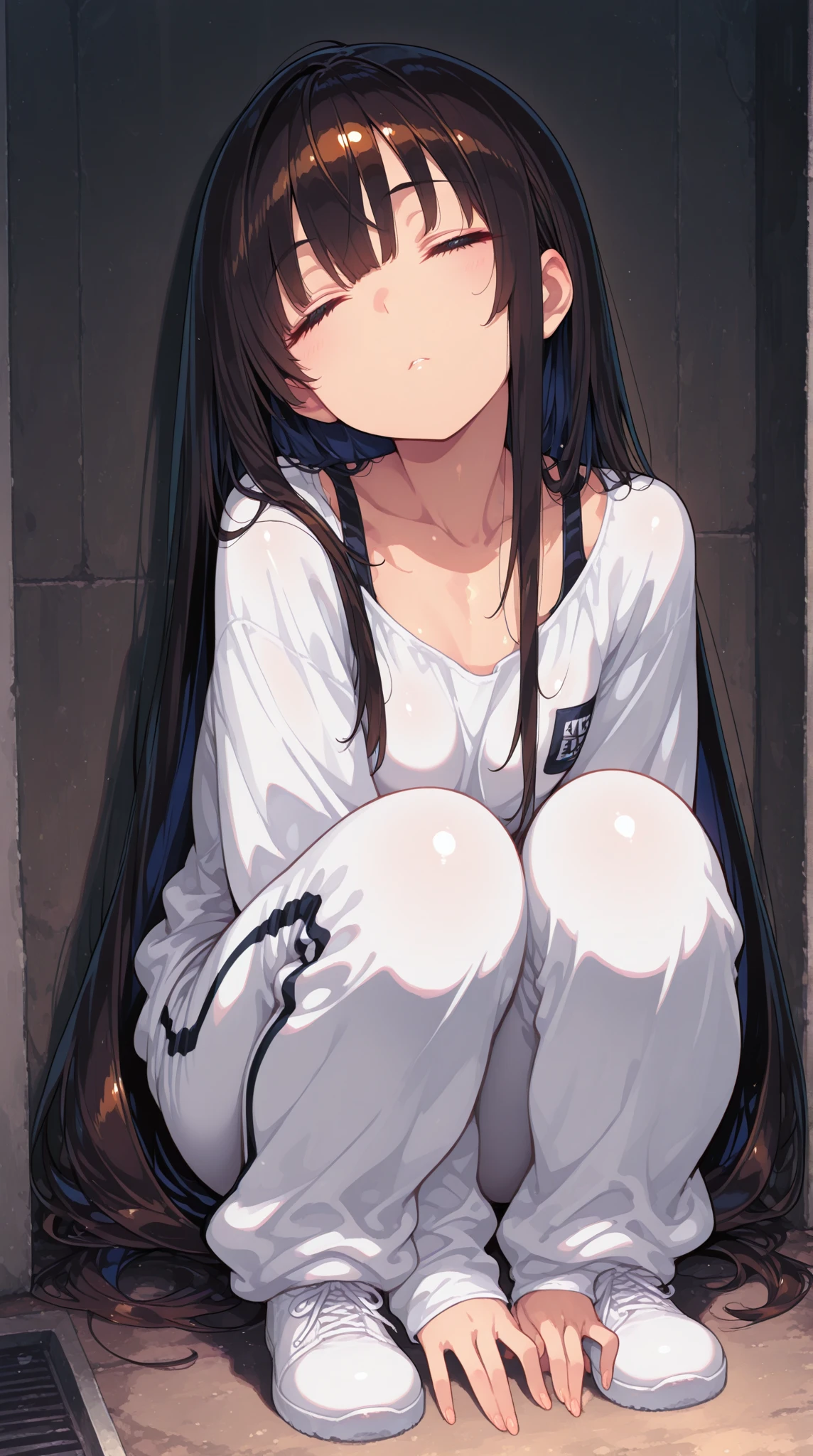 1 girl in, No smile, Sparkling dark blue eyes, (Black hair) , small stature, Small breasts, Lori, (masutepiece:1.2, Best Quality), (finely detailed beautiful eye: 1.2), (beautifull detailed face), High contrast, (Best Illumination, extremely delicate and beautiful), ((Cinematic Light)), Dramatic light, (Pale white background:1.5), bandaged_Leg, bandaged, bandaged_arms are,  bandaged_Neck, long_hair, 鎖骨, bandaged_Head, 鎖骨, I lost the bandage on my head, lots of bandages, bandage the wound, her whole body was bandaged,Worn-out clothes, bound with chains, worn out tank top, ((wearing a worn and torn cotton tank top)),