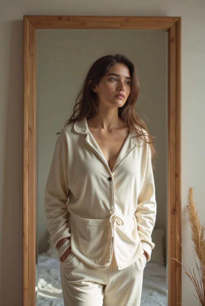 A full-body image of a brunette woman with freckles, appearing relaxed and content. She is wearing comfy loungewear—a loose top and sweatpants. She is sitting on a cozy couch in a living room, with a book in her lap and a cup of tea on the side table. The background features soft lighting and homey decor.