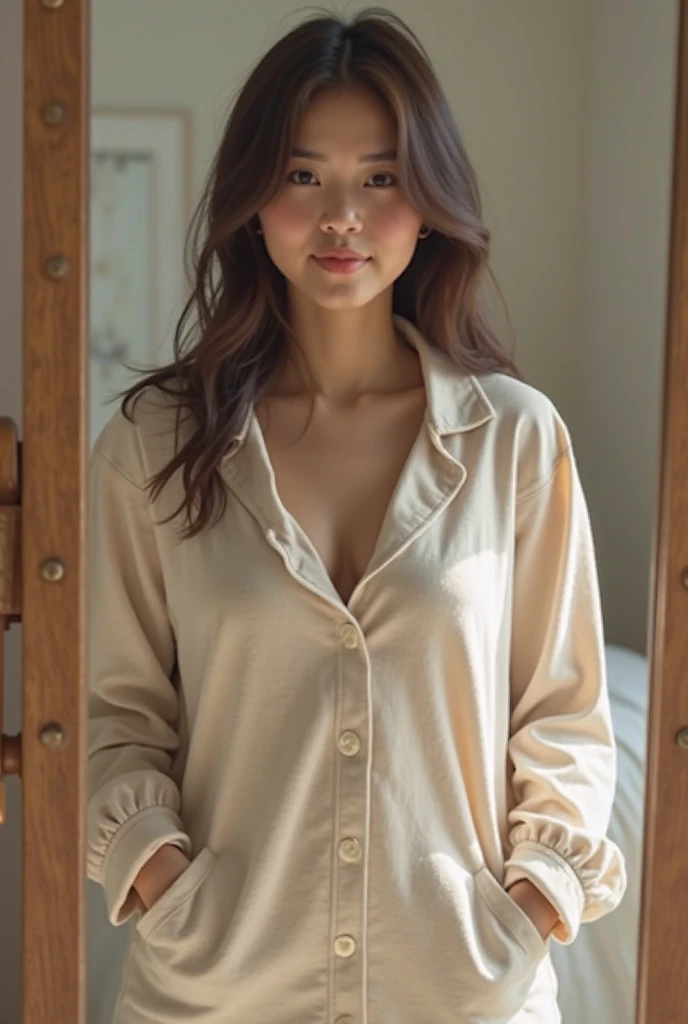 masterpiece, best quality, ultra-detailed, illustration, indonesian, 1adult girl, shoulder length hair,split bangs, ponytail hair, horny face,, medium round breast, forward chest, fatty stomach, looking at viewer, best quality, (closed mouth, sad smile), beautiful detailed, (wear oversized t-shirt, drawstring shorts),(bed room), full body view, erotic pose