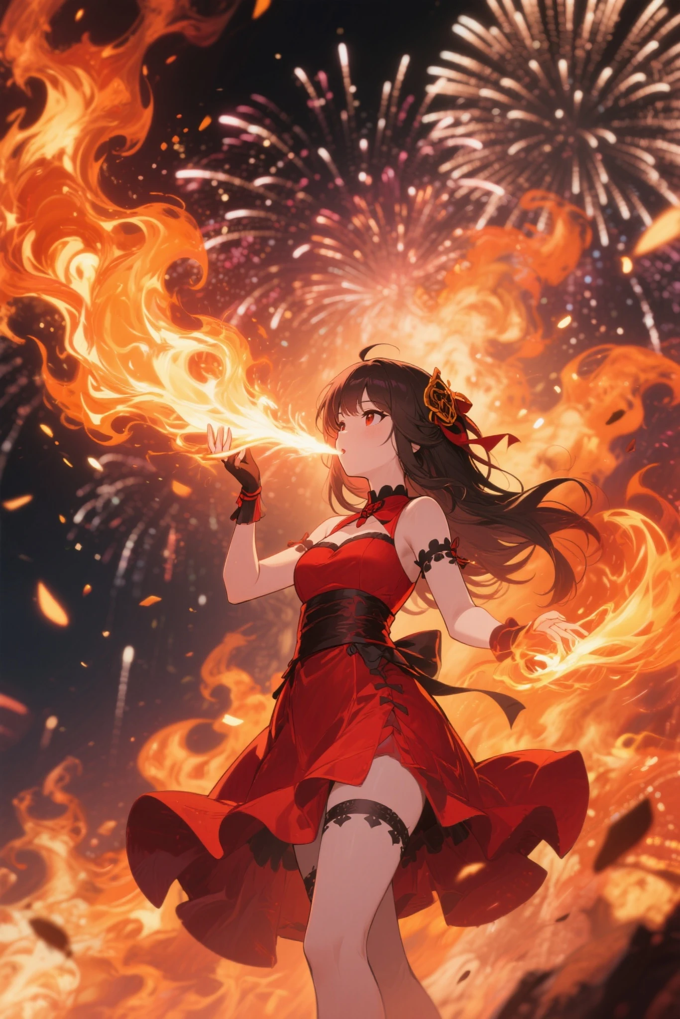 (8k、Best image quality、Highest quality、masterpiece)、Detailed face、1 girl、Black Hair、Long Hair、Blunt bangs、Hime cut、Red eyes、Wicked Smile、((Grin))、((Big Breasts))、((Red Playboy Bunny))、Shiny、((Black Pantyhose))、((Thick waist))、Cowboy Shot、Night back alley background