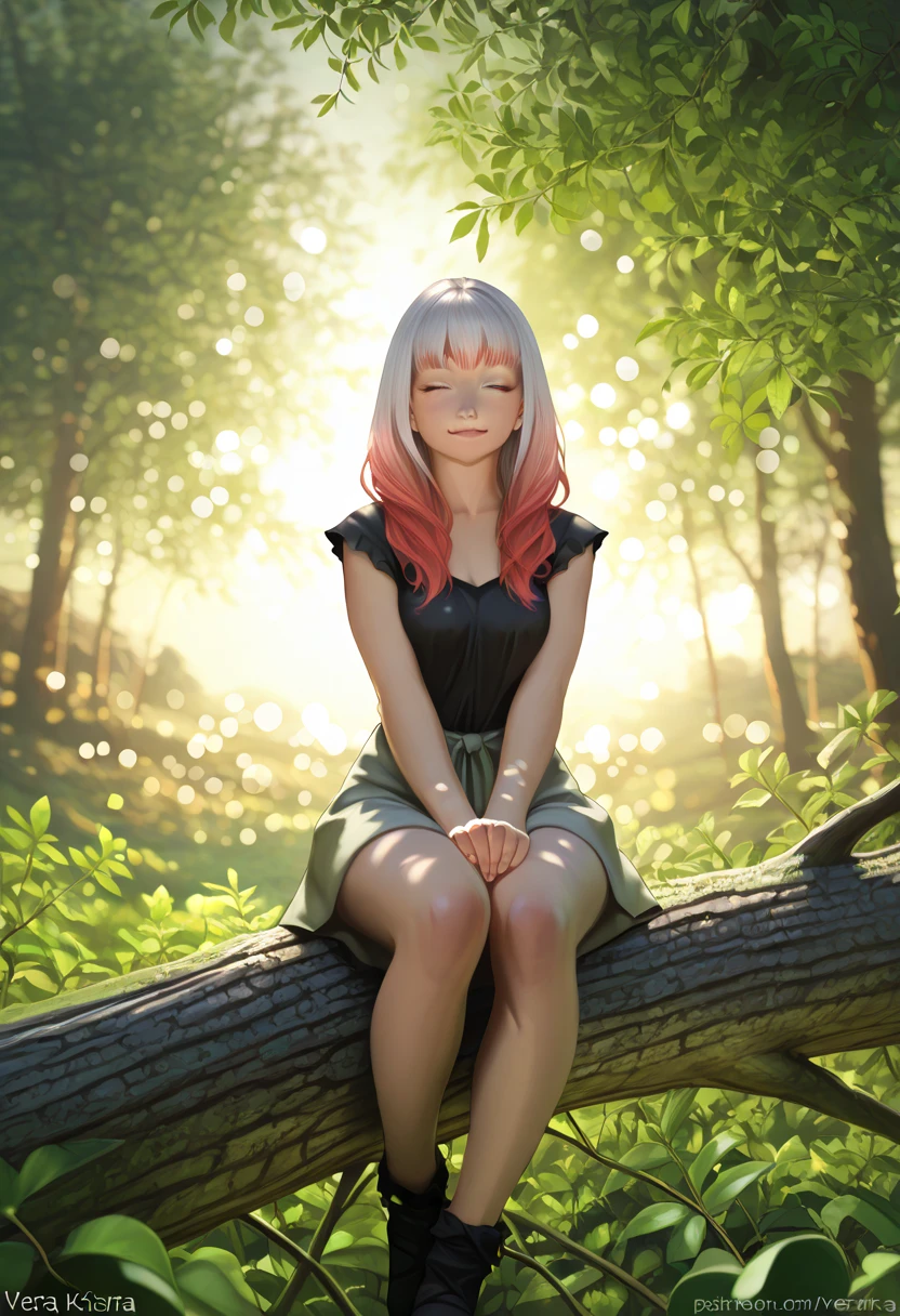 Vera Iskra sitting under a tree, beautiful face, serene expression, relaxed posture, realistic details, natural landscape, green leaves, soft light, photographic effect , digital art, best quality, 4k, ultra detailed, Photorealistic, studio lighting, vibrant colors, bokeh