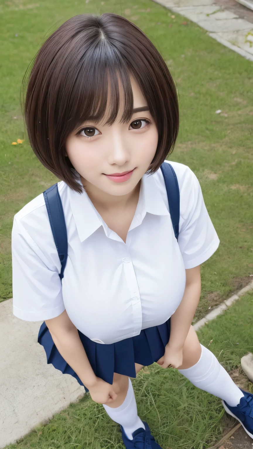 Highest quality、masterpiece、8K、Very detailed、Realistic、(Young face:1.2)、(Looks like an elementary school ???:1.2)、3 people、Looking at me with a smile、whole body、(Big Breasts)、Thin and beautiful legs、Tight and slim waist、Tight shirt、mini skirt、Short Hair、Erect nipples、forward leaning posture