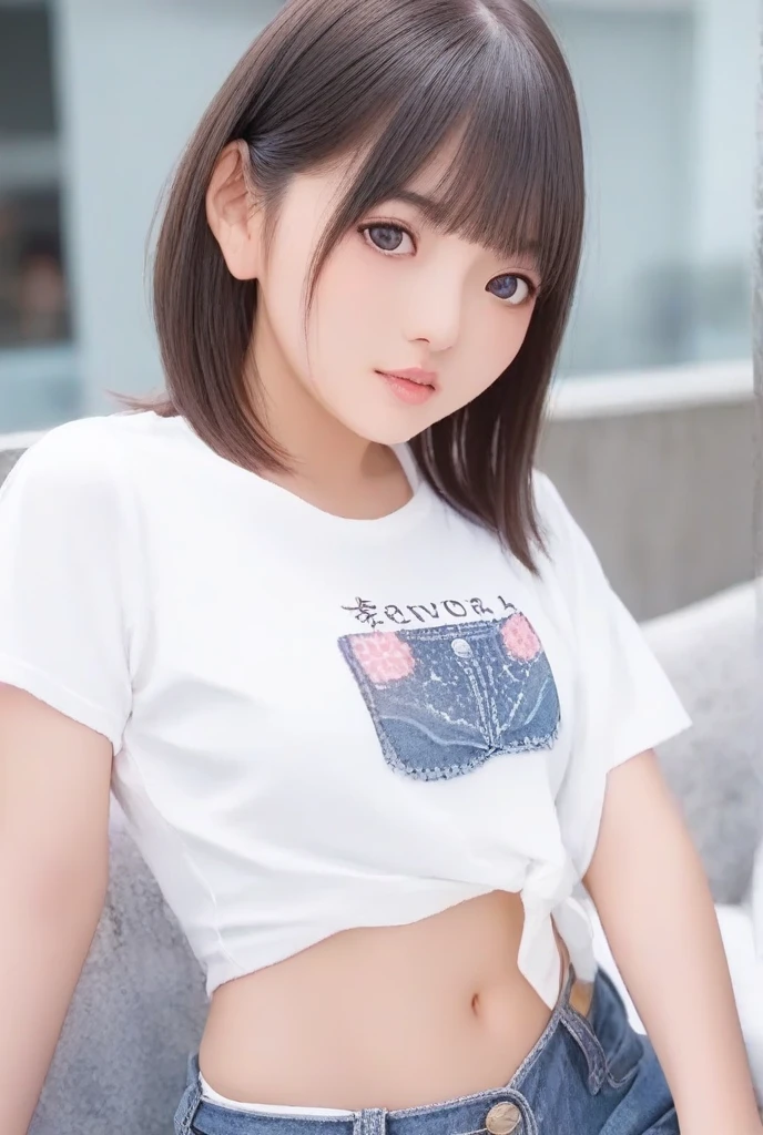 Bright Red in White, (Masterpiece 8K TopQuality:1.2) (ProfessionalPhoto:1.37) PUNIPUNI ExtremelyDetailed (((KAWAII girls in Super Bitch T-shirt:1.4))) from above