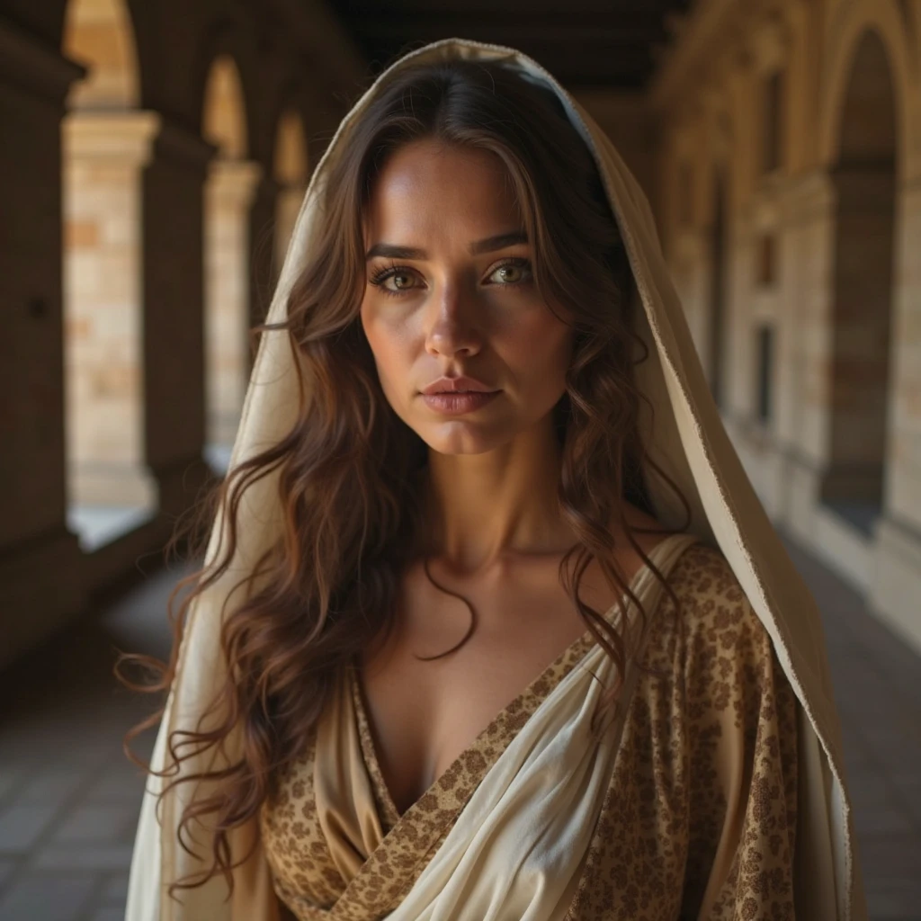 Mulher arrogante em um manto e um capuz sentada em um quarto, filme ainda 8K, Imogen Poots como um guerreiro santo, 8 k filme ainda, Ana de Armas como Joana D'Arc, Olivia Culpo como Milady de Winter, Filme 8K ainda, Poots Imogen como Paladino Santo, Retrato de Megara