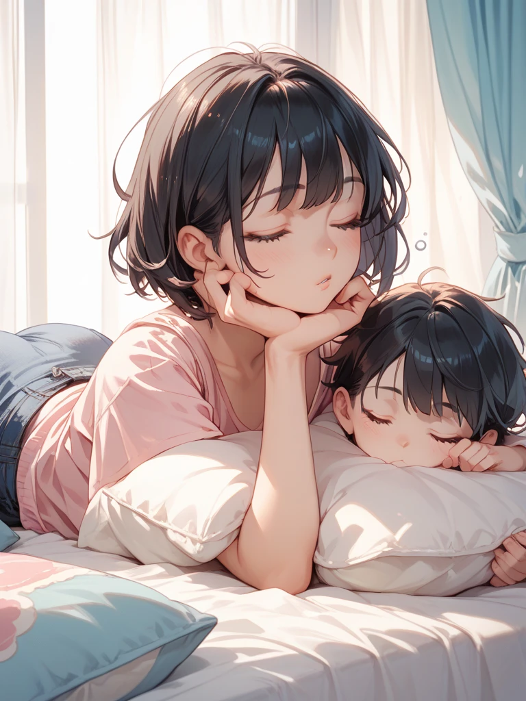 A mother sleeping with her child, a happy face, a cute sleeping face, soft colors, a happy scene, a warm piece