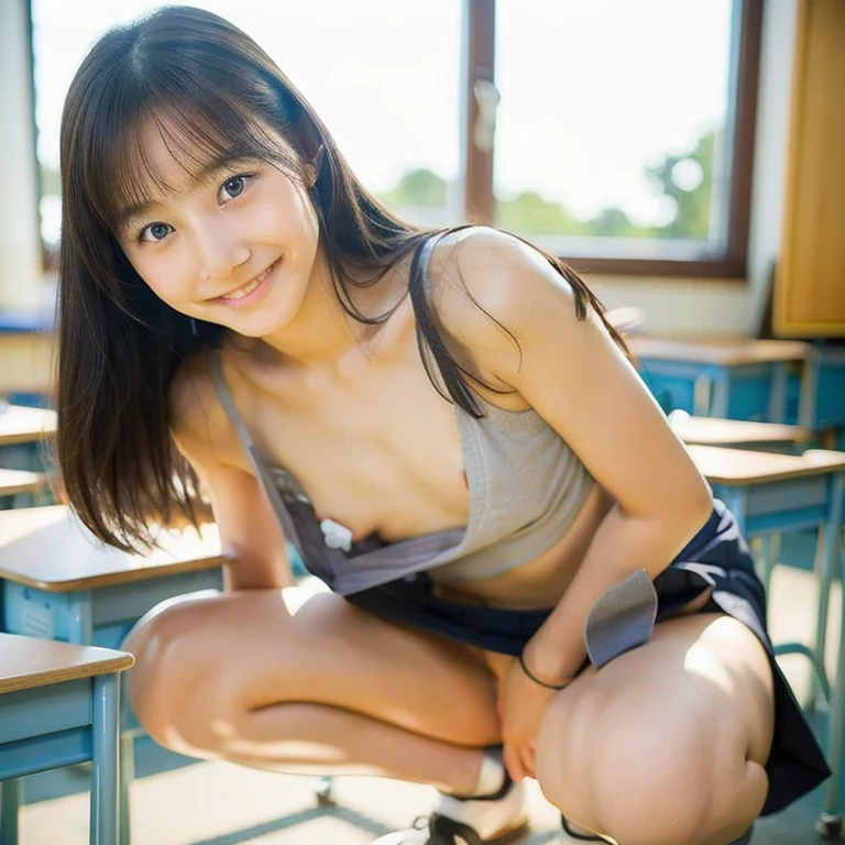 (Surreal Realism), (Awareness-raising), (High resolution), (8k), (Very detailed), (The best Awareness-raisingns), (Beautiful fine details), (highest quality), (Super detailed), (masterpiece), (wallpaper), (Detailed face), (Beautiful smile)、(Beautiful expression)、Side bangs、solo、((Baby Face))、(((topless)))、 (((small chest))), (((small tits))), (((flat breast)))、((Dark blue pleated skirt))(Black knee-high socks:1.2)、Slender body、Seductive Pose:1.4、Looking into the camera、School classroom、((Place your hands on the desk))、((A look that captivates the audience:1.3))Spread your legs wide,Drooling,race,whitepanties