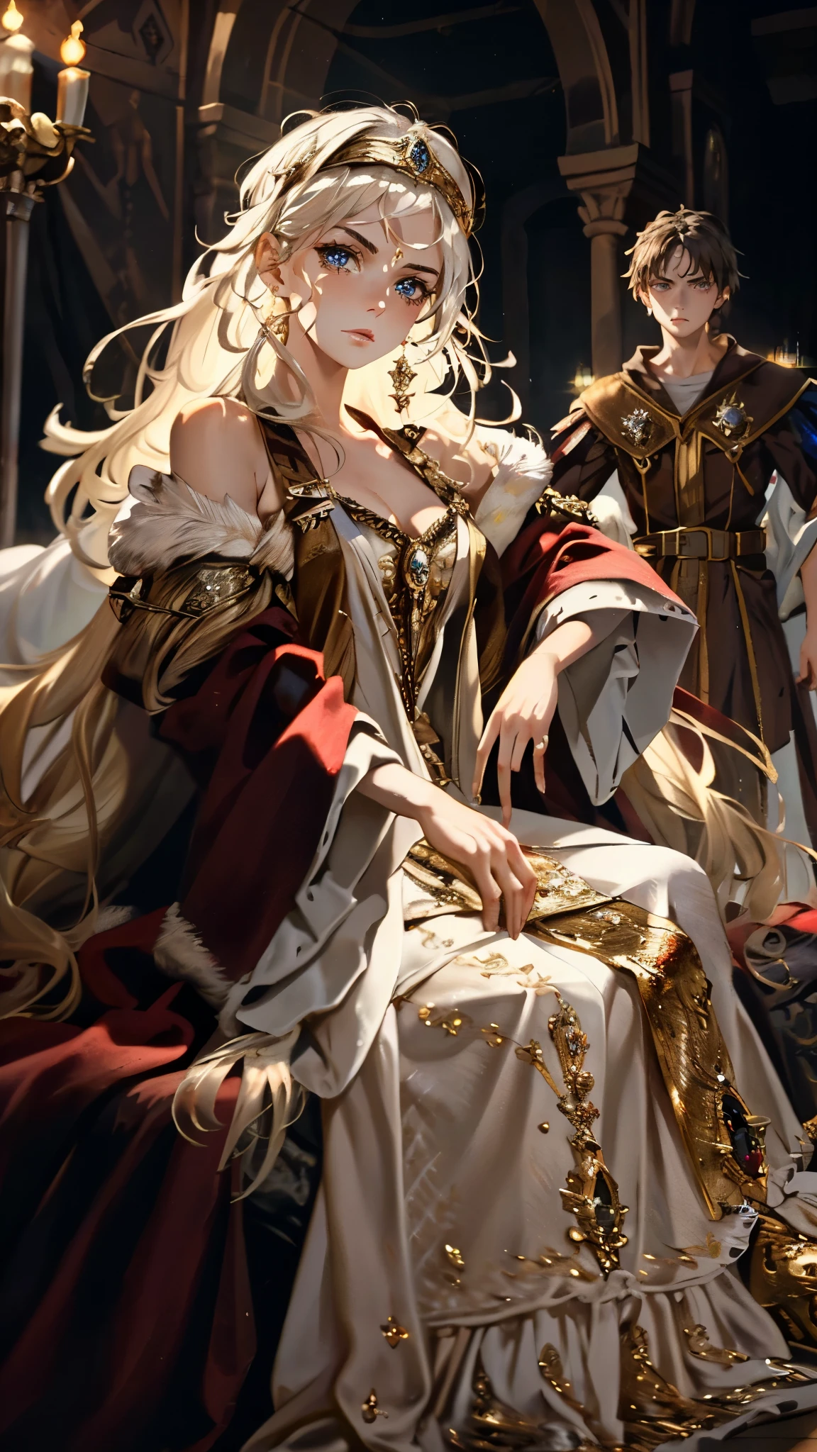 Castle in the distance、face is front、Looking at the camera、profile、8K、real photo、ultra high resolution, Master Parts, best quality, ticker , cinematic images,nice girl、Ann、16 only、Annグロサクソン、double eyelid、droopy eyes、very big eyes、eyes are purple、Dark eye shadow、lips are very thin、The tip of the nose stretches beautifully.......................................................、small nose,,,,, very detailed , silver hair、straight short hair、smile、 sweet look 、)、Very clear shadows , jewelry , detailed eyes, very complicated, shiny skin , パーフェクトブリリAnnト, perfect writing, dramatic shadow、White tiara on head、Gold necklace around the neck、White aristocratic dress with gold embroidery、glass high heels、angel white win
